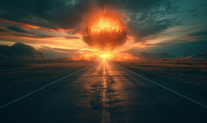 Explosion against the background of the road. Detonation with lots of smoke, fire and sparks at night
