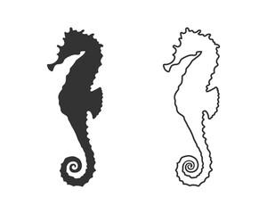 Isolated black silhouette of seahorse line icon on white background. Side view. Silhouette of marine animal. Sea horse