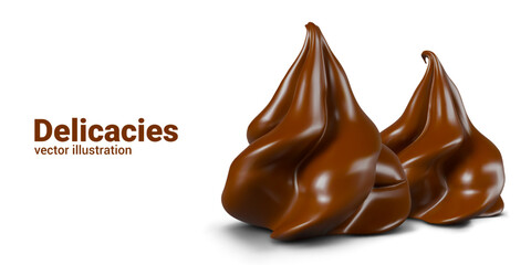 Shaped chocolates. Whipped sweet cocoa cream swirl. Aromatic delicacies on white background