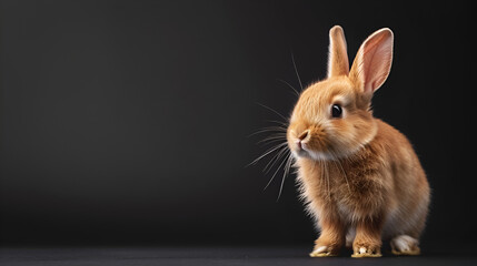Obraz premium Red rabbit on a pink background with a copy of the space. Easter Bunny with a place for your text. Preparation for the Easter holiday, close-up of a rabbits swollen ear base