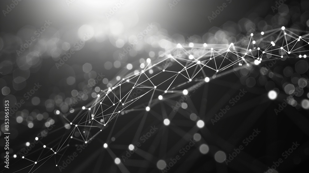 Wall mural abstract black background with white dots connected in the form of low poly network or communication