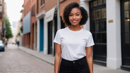 Fototapeta premium Young black woman with short hair wearing white t-shirt and black jeans standing on the street