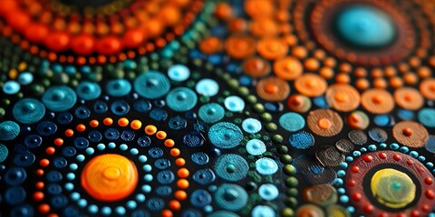 Detailed look at colorful Aboriginal dot painting with natural hues and intricate designs. Concept Aboriginal Art, Dot Painting, Colorful Hues, Intricate Designs, Natural Inspiration