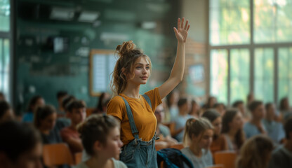 Fototapeta premium A young woman raises her hand in a classroom setting, surrounded by other students.