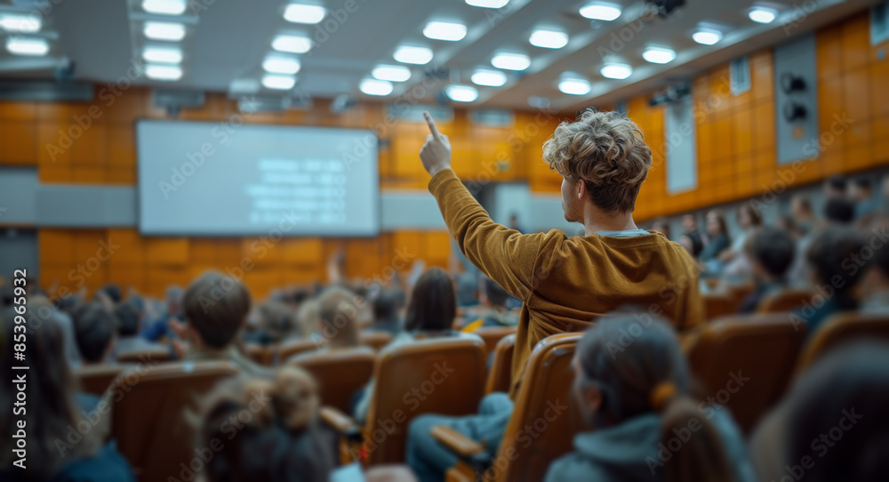 Poster A student raises their hand to ask a question during a lecture in a classroom setting.