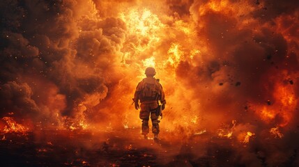 Fototapeta premium Soldier Facing Fiery Apocalypse
