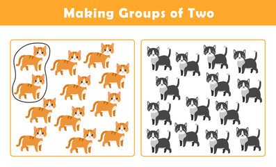 Making Groups of Two Worksheet. Grouping Picture Math Activity for Kids. Fun Math Activity for Children. Counting with Cute Pictures Worksheet.