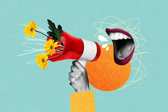 Composite photo collage of angry female mouth lips scream megaphone peek chrysanthemum flowers spring holiday isolated on painted background - Powered by Adobe