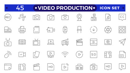 Video icon set. Containing camera, play, pause, media, online video, live, production, player, movie and cinema icons.video production icon outline icon collection.