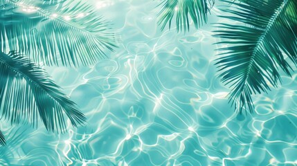 3D rendering of palm leaves shadow on the water surface in a swimming pool with a light blue background