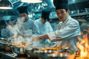 Energetic young Chinese chefs in a trendy restaurant kitchen