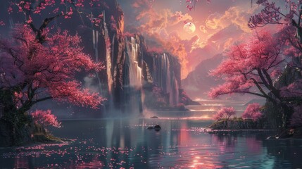 Fototapeta premium Waterfall and Cherry Blossoms at Sunset