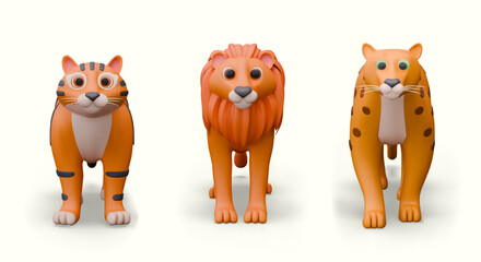3D tiger, lion, cheetah, front view. Collection of large predators from cat family