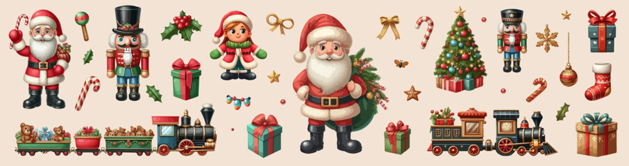 Christmas watercolor decorative banner with happy Santa Claus, nutcracker, locomotive and gift boxes and other New Year symbols.