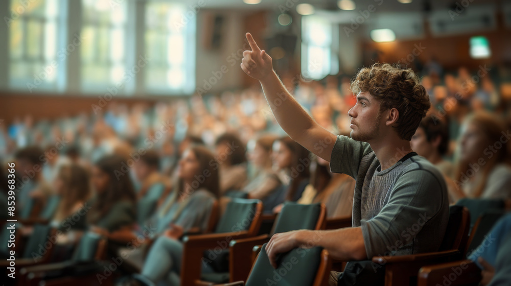 Aufkleber A student raises his hand to ask a question during a lecture in a university lecture hall.