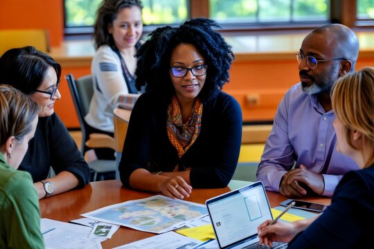 Diverse group of college faculty staff working together to solve big problem, diversity equity and inclusion