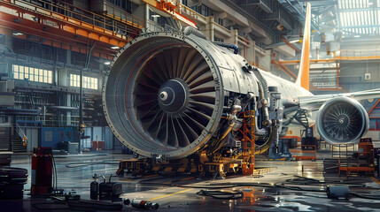  : Big airplane engine undergoing maintenance precise details realistic setting clear focus.