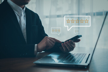 Customer service experience and business satisfaction survey, close up  hand using smart phone and...