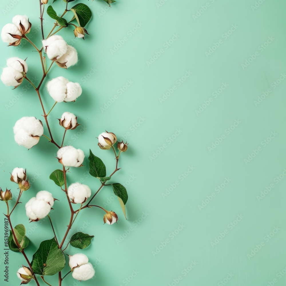 Poster a single white cotton branch with green leaves extends from the left side of the image against a min
