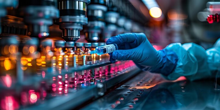 Close-up of a scientist filling vials with a syringe in a high-tech laboratory