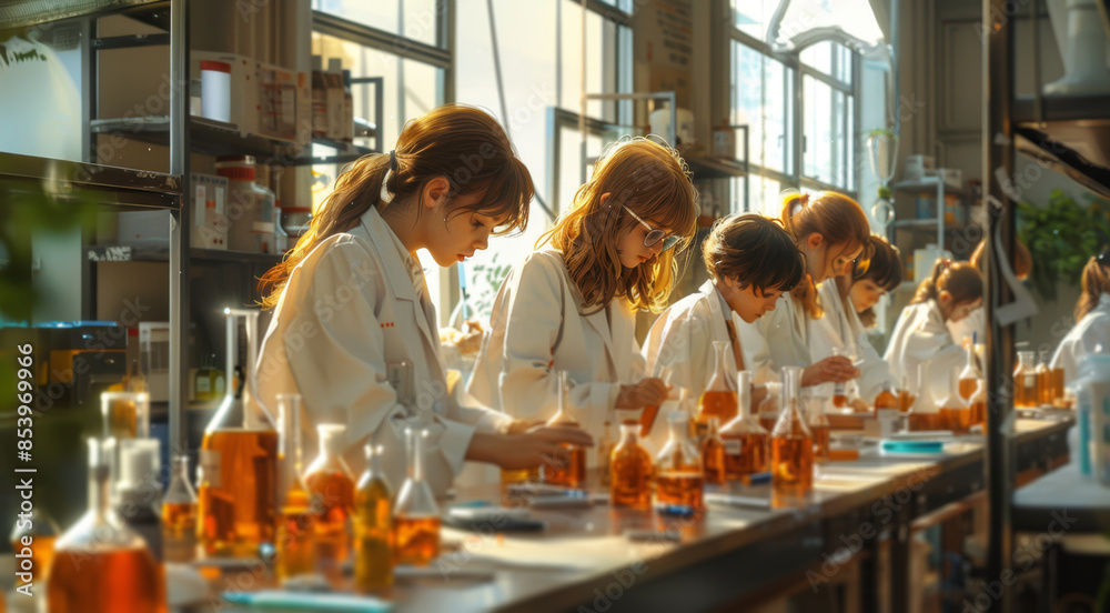 Poster a group of students in white lab coats conduct a chemistry experiment in a classroom setting, carefu