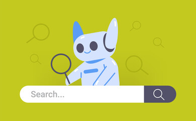 Robot assistant and search panel bar on green background. Technology flat vector illustration
