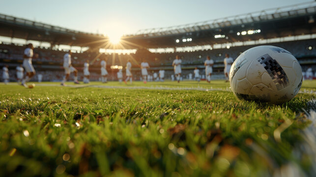 vue au ras de la pelouse d'un stade de football avec ligne de touche et ballon