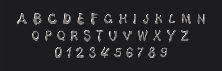 3D glossy silver liquid capital letters of English alphabet and numbers, vector Y2K font volume melted steel design