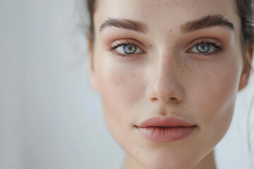 Close-up portrait of a woman with flawless skin, showcasing her natural beauty in a stunning beauty concept.