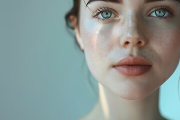 Close-up portrait of a woman with flawless skin, showcasing her natural beauty in a stunning beauty concept.