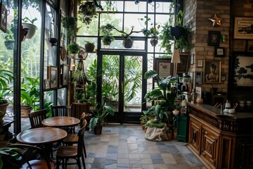 Fototapeta premium Charming vintage coffee shop interior with eclectic decor and lush outdoor Plant scenery