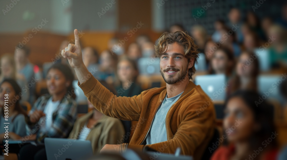 Poster A young man raises his hand to ask a question during a lecture in a university lecture hall.