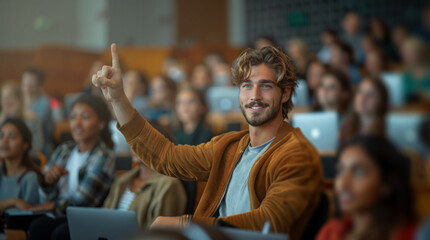 Fototapeta premium A young man raises his hand to ask a question during a lecture in a university lecture hall.