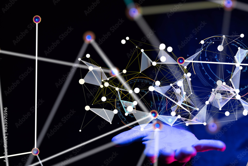 Poster Neural network 3D illustration. Big data and cybersecurity