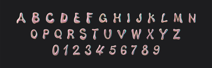 3D glossy pink capital letters of English alphabet and numbers, vector Y2K font render flux design, spilled liquid