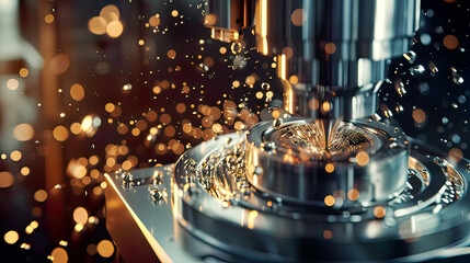 Ultra-detailed depiction of a metalworking CNC milling machine in operation vivid metal shavings and cutting process modern precise focus