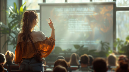 Obraz premium During a classroom lecture, a woman with long brown hair raises her hand. The presenter is on a screen and the class is seated in rows of chairs.
