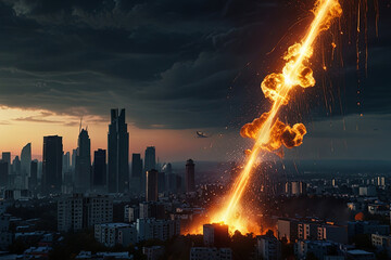 X-ray laser beam descends from the sky, destroying a city. Dramatic 'Hammer of Dawn' sci-fi concept.