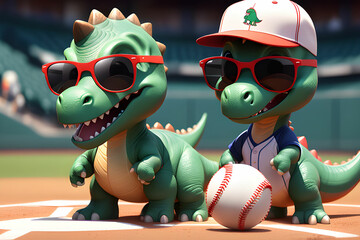 A cute dinosaur playing baseball