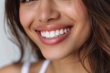 Obraz premium a closeup photo portrait of a beautiful young asian indian model woman smiling with clean teeth used for a dental ad isolated on white background Generative AI