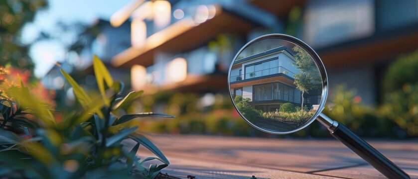 Searching new house for purchase, rental housing market, magnifying glass near residential building, generative AI, detailed scene