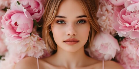 Fototapeta premium Stylish woman in peach dress surrounded by lush peonies in color of year. Concept Fashion Photography, Floral Arrangement, Color Trends, Styling Inspiration