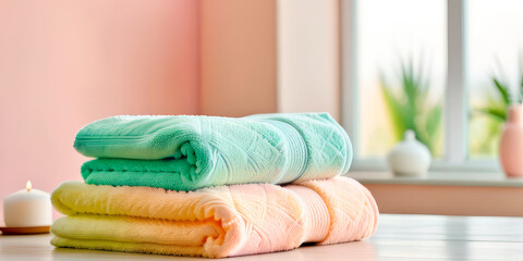 a stack of colored towels against a plain wall in the spa, mockup