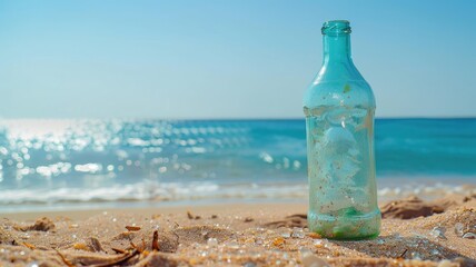 Sunlit glass bottle on sandy beach with clear blue ocean in background