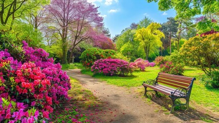 Obraz premium Vibrant park with blooming flowers, lush trees, and inviting bench under sunny sky