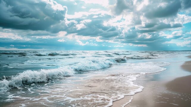 Tranquil beach scene with waves crashing onto shore under cloudy sky