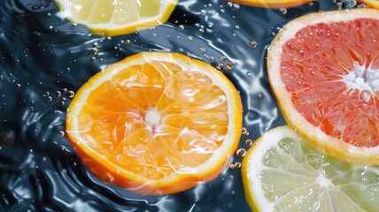 Sliced citrus fruits floating in water with bubbles