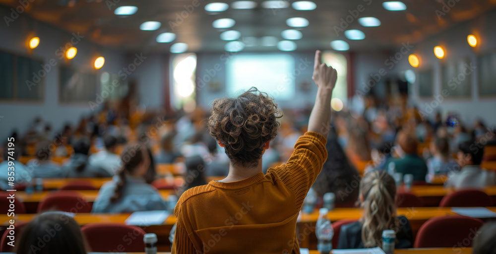Poster a person with curly hair raises their hand to ask a question in a university lecture hall.