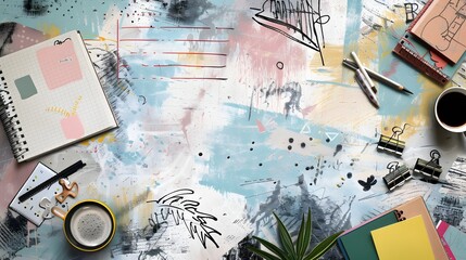 Quirky Mixed Media Doodle Border with Collage Elements and Funky Patterns on Industrial Style Office Desk