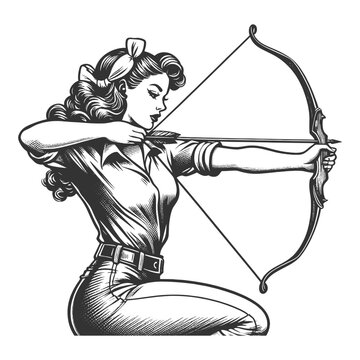 recommend clip art: vintage-style woman drawing a bow, showcasing strength and precision sketch engraving generative ai fictional character vector illustration. Scratch board imitation. Black and white image.
